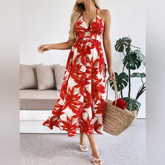 ❤️ Crisscross Back Printed Midi Dress with Cutout Detail - Red - Picture 4 of 8